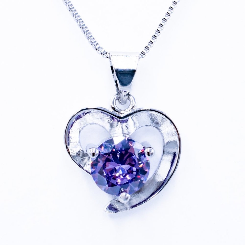 Purple Zircon Heart Pendant in Silver Necklace